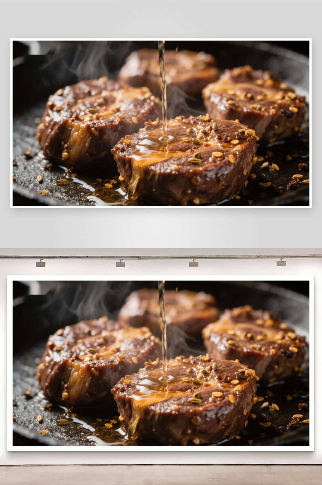 煎锅中的香料牛肉热油浇灌素材