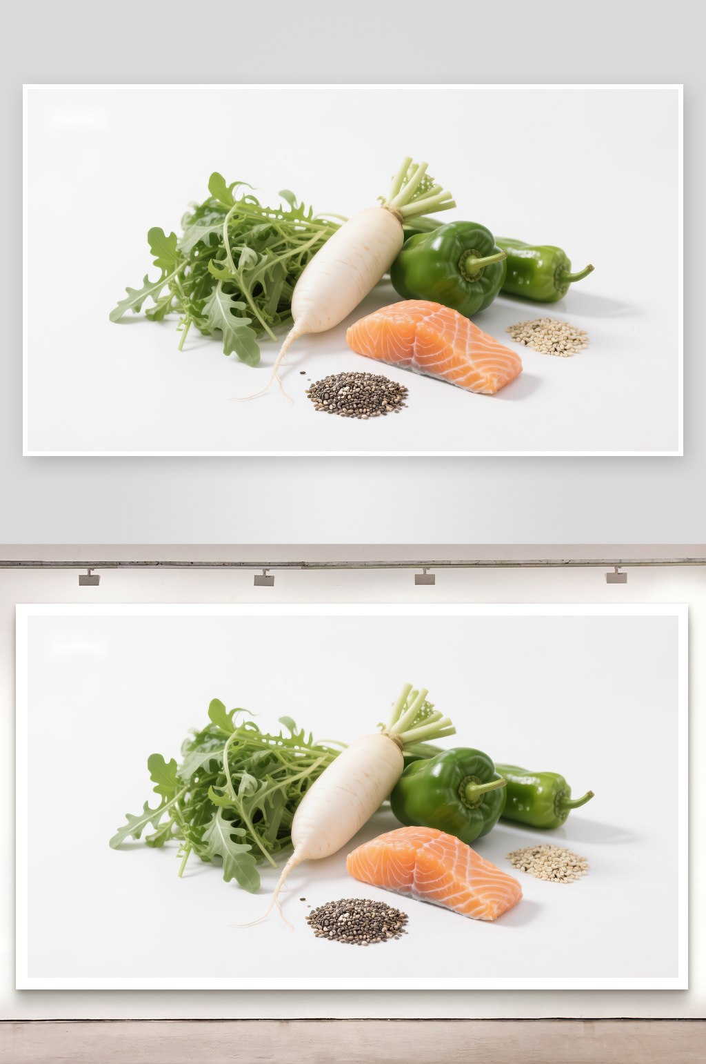 新鲜食材组合蔬菜鱼肉与种子素材