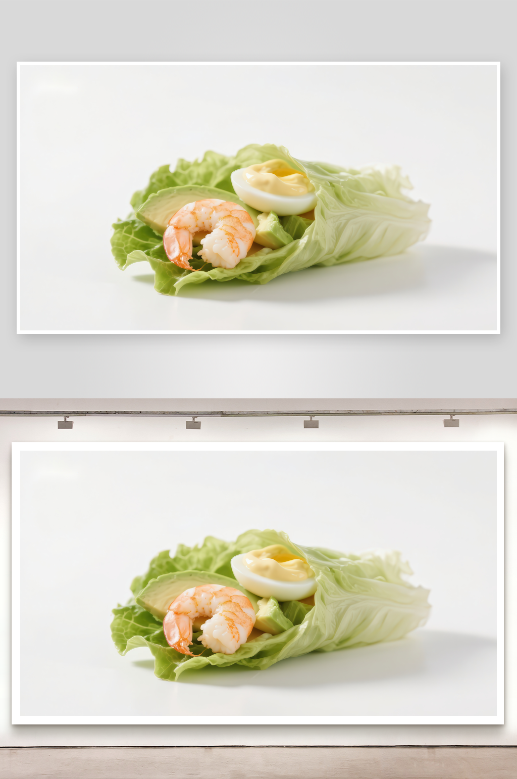 生菜包裹虾仁与鸡蛋的健康小吃素材