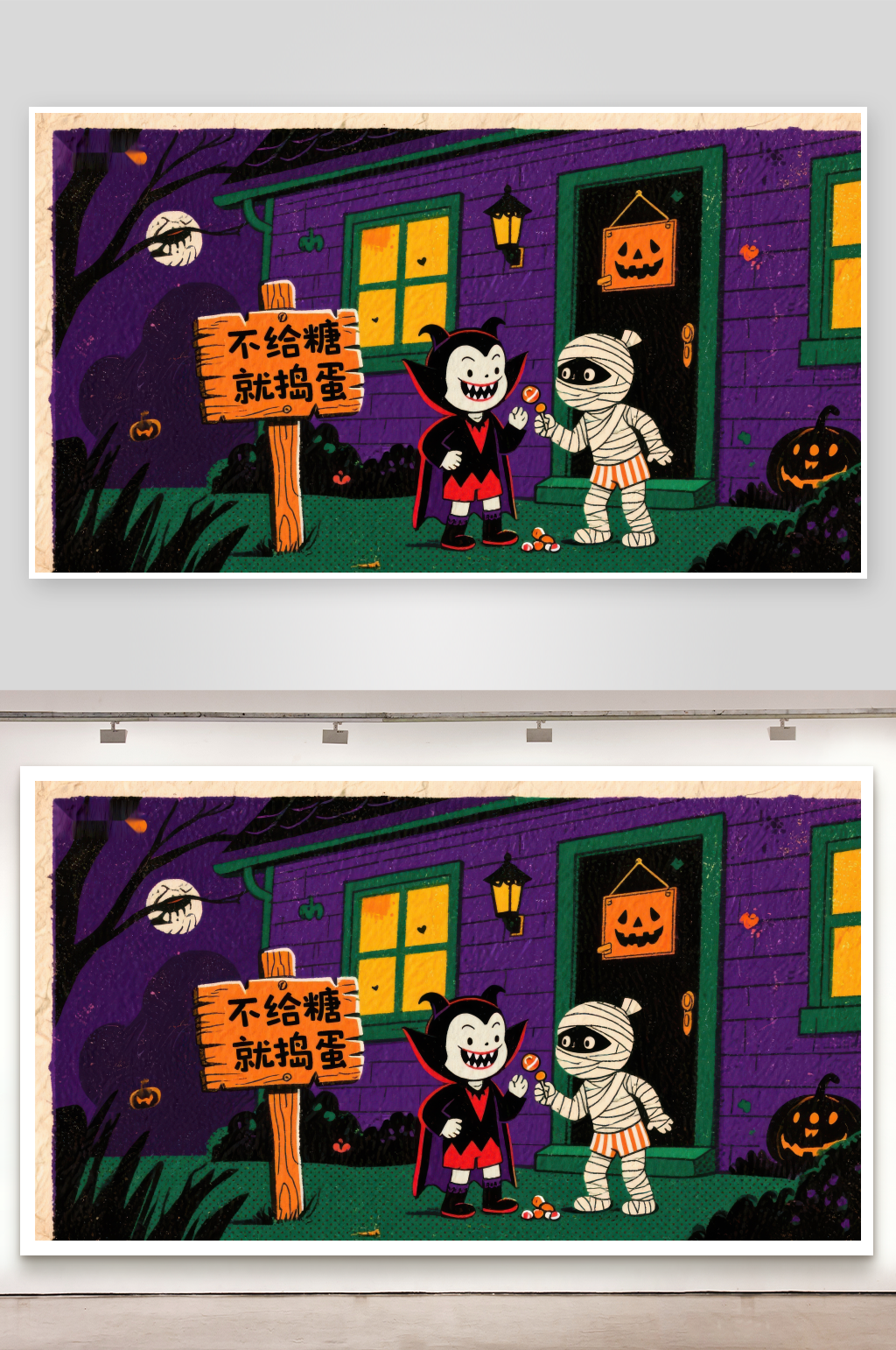 万圣节夜晚小吸血鬼与木乃伊讨糖素材