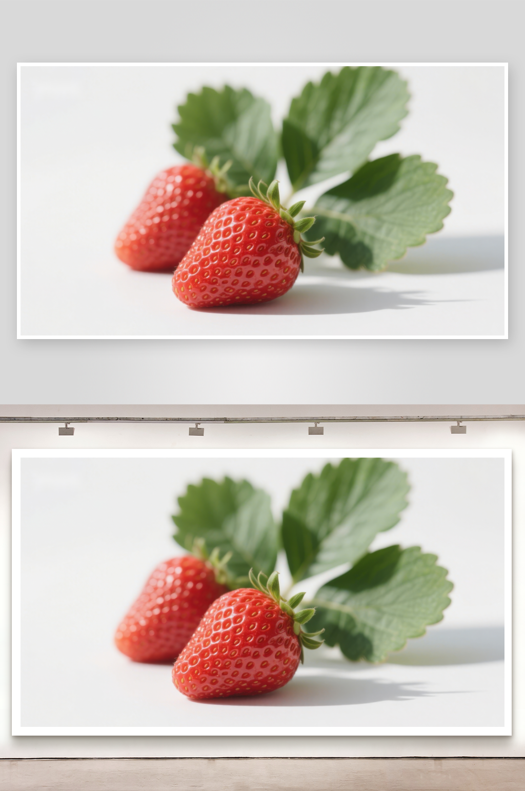 新鲜草莓与绿叶特写素材