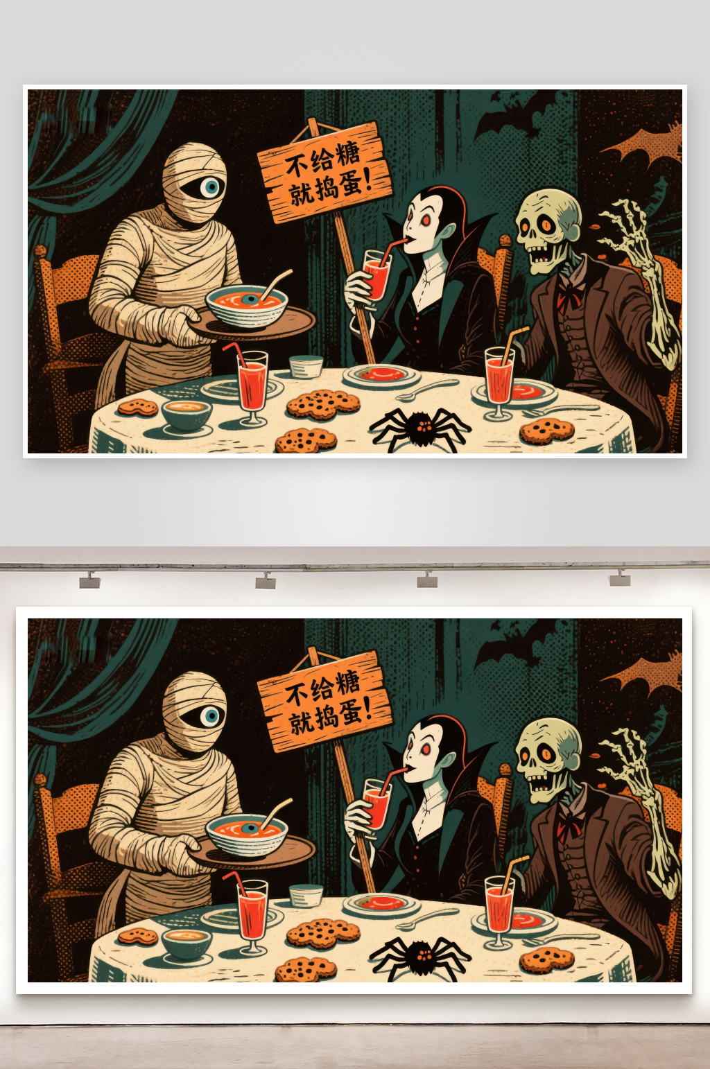 万圣节餐桌上的不给糖就捣蛋素材