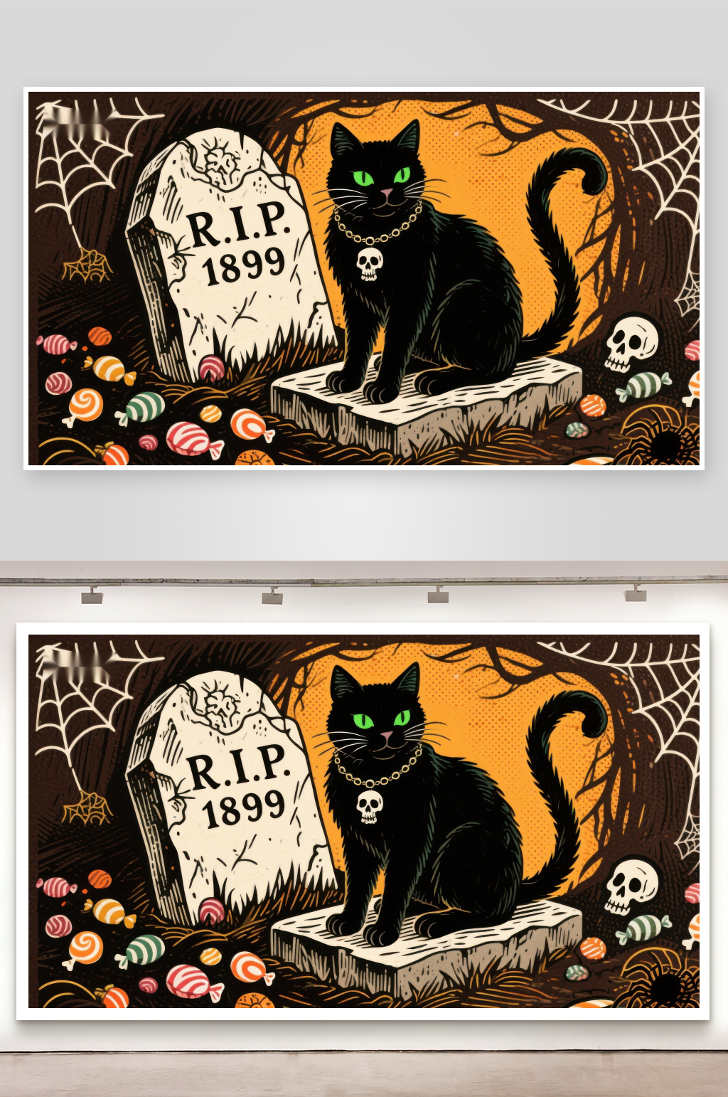 万圣节黑猫与墓碑的神秘场景素材