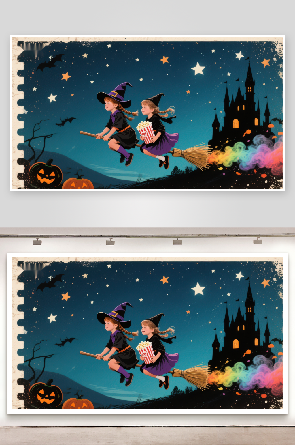 万圣夜飞行的女巫与魔法城堡素材