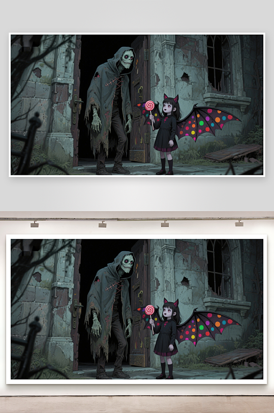 幽暗古堡前的骷髅与小女孩-众图网