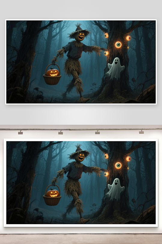万圣节森林中的稻草人与幽灵-众图网