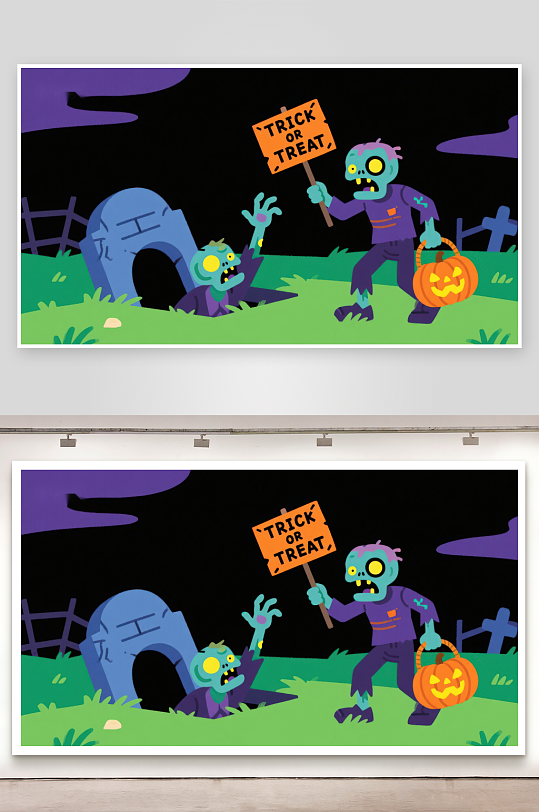 僵尸手持南瓜灯和不给糖就捣蛋牌子-众图网