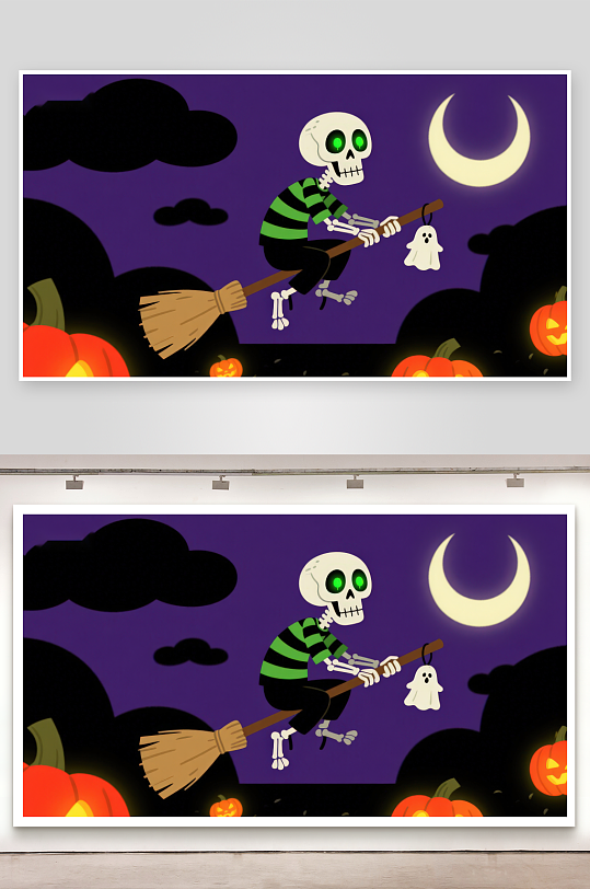 万圣节骷髅骑扫帚夜景-众图网