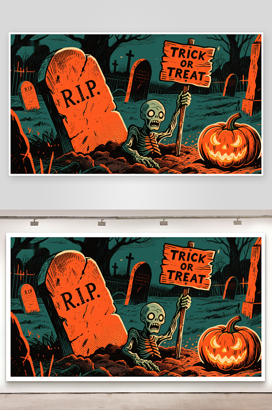 墓地骷髅手持不给糖就捣蛋标牌-众图网