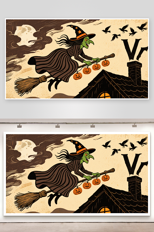 巫婆骑扫帚夜空飞行-众图网