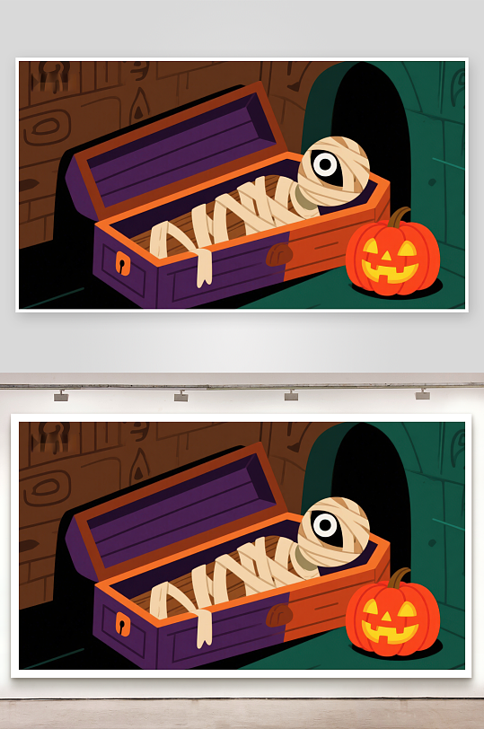 木乃伊躺在紫色棺材中旁边有南瓜灯-众图网