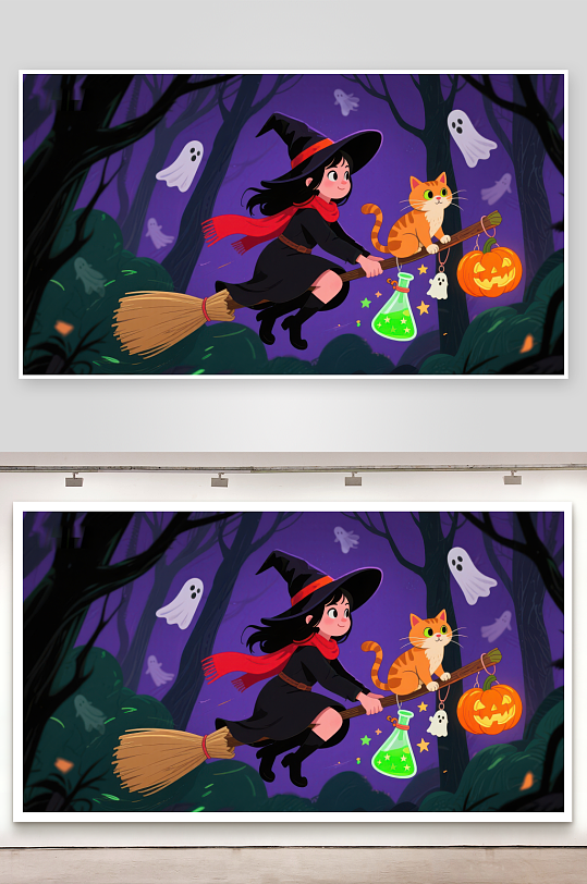万圣节女巫与猫骑扫帚夜行-众图网