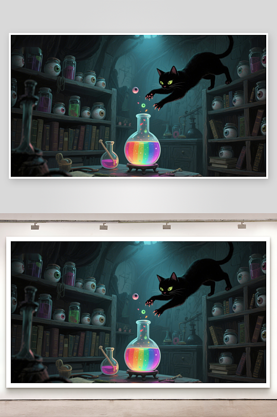 黑猫跃向神秘魔法瓶-众图网