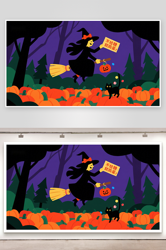 万圣节女巫骑扫帚飞过南瓜地-众图网