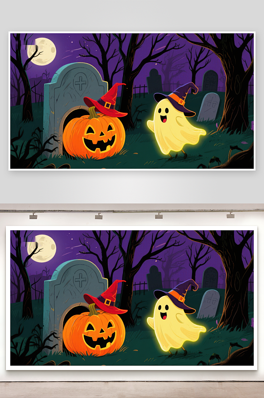 万圣节南瓜与幽灵在墓地-众图网