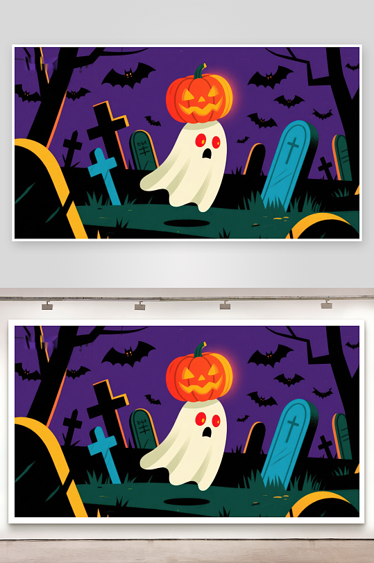 万圣节幽灵戴着南瓜灯在墓地-众图网
