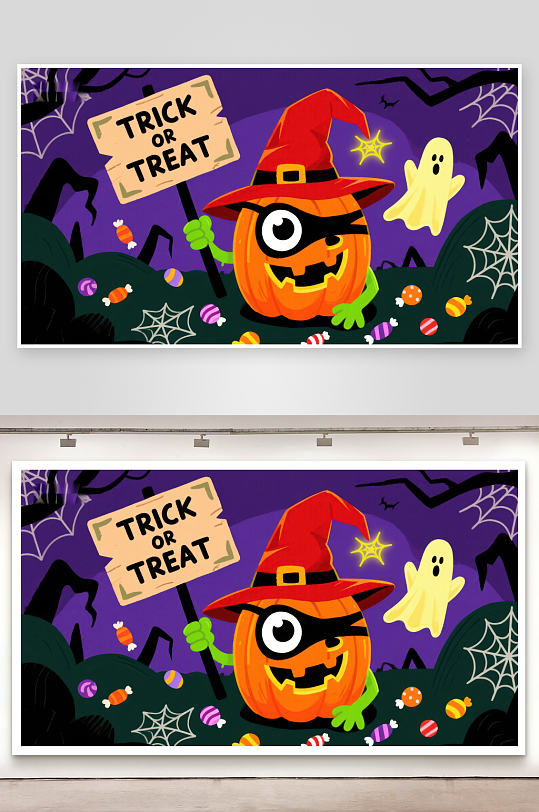 万圣节南瓜手持不给糖就捣蛋标志-众图网