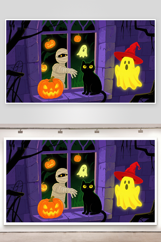 万圣节夜景幽灵木乃伊与黑猫-众图网