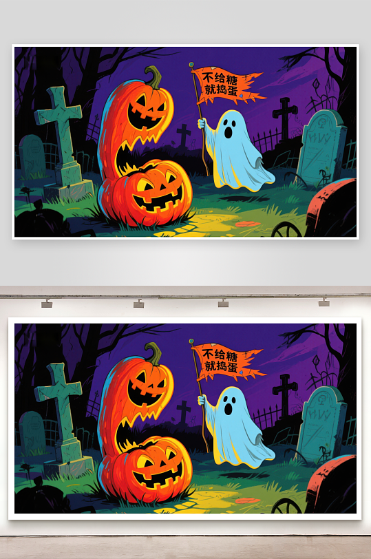 万圣节南瓜与幽灵的墓地场景-众图网