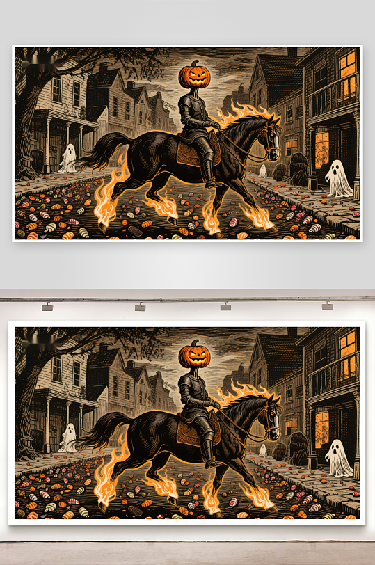 南瓜头骑士骑马穿越糖果街道-众图网