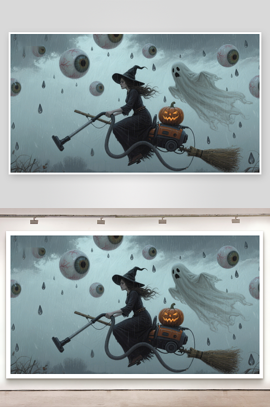 巫女骑吸尘器南瓜灯伴幽灵飞舞-众图网