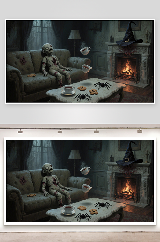 骷髅坐在沙发上喝茶-众图网