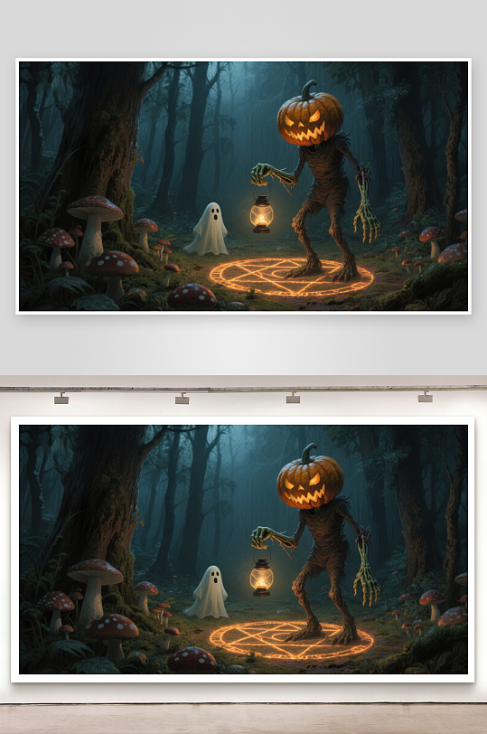 幽暗森林中的南瓜怪与小鬼-众图网