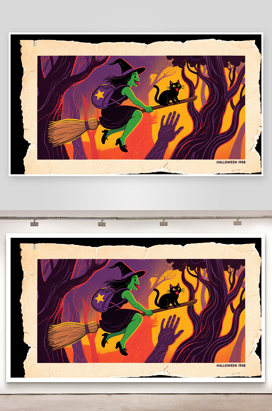 万圣夜女巫骑扫帚飞行-众图网