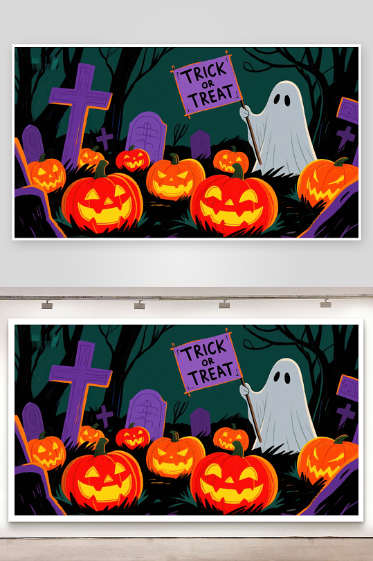 万圣节墓地幽灵与南瓜灯-众图网