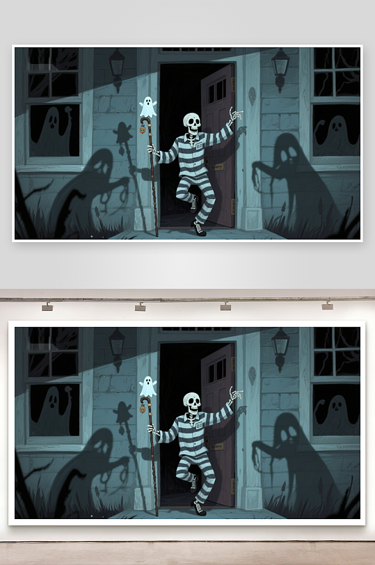 骷髅囚犯手持法杖门前幽灵环绕-众图网
