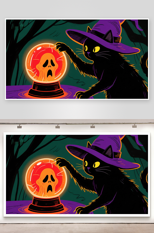 黑猫巫师帽触碰发光水晶球-众图网