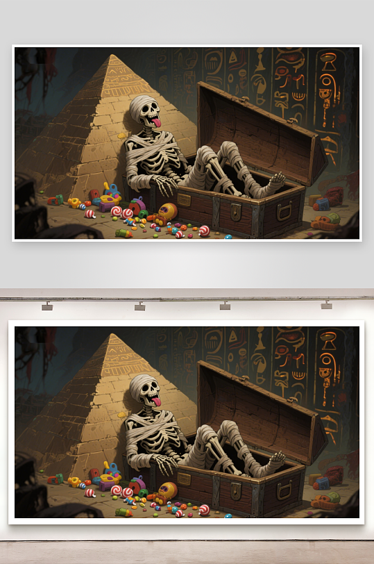 木乃伊从宝箱中探出金字塔背景-众图网