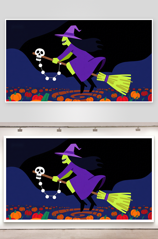 万圣夜巫婆骑扫帚飞过南瓜地-众图网