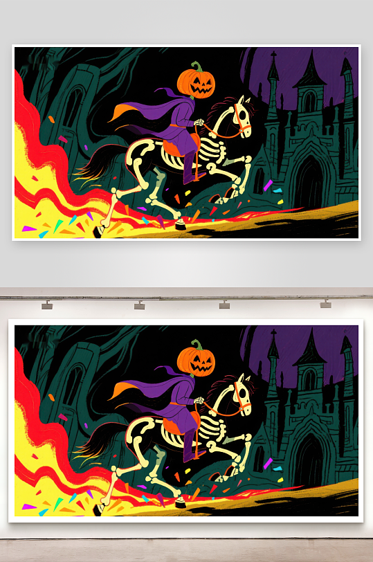 南瓜头骑士骑乘骷髅马穿越火焰-众图网