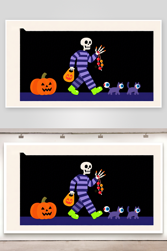 骷髅装扮者手提糖果袋与宠物同行-众图网