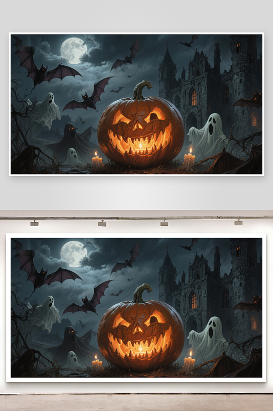 万圣节南瓜灯与幽灵城堡夜景-众图网
