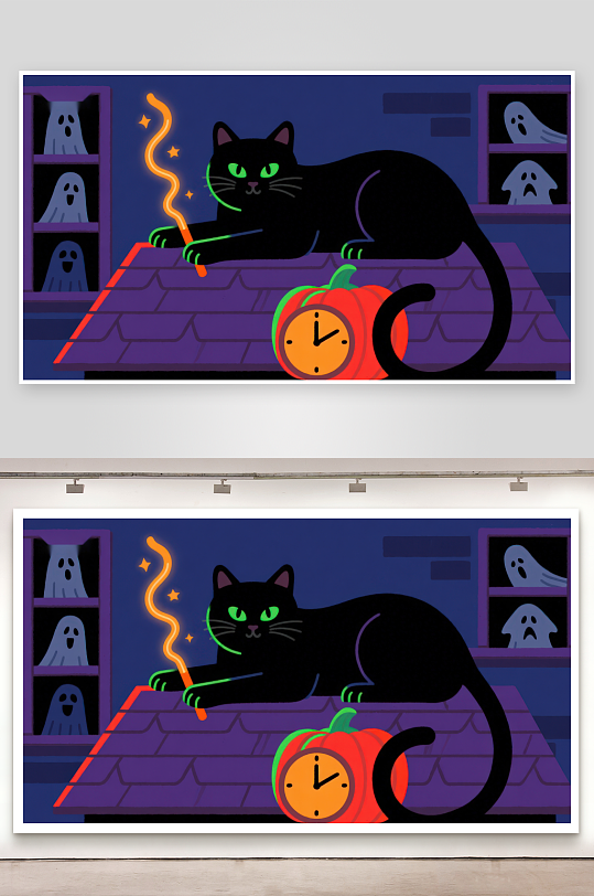 黑猫屋顶夜景南瓜时钟相伴-众图网