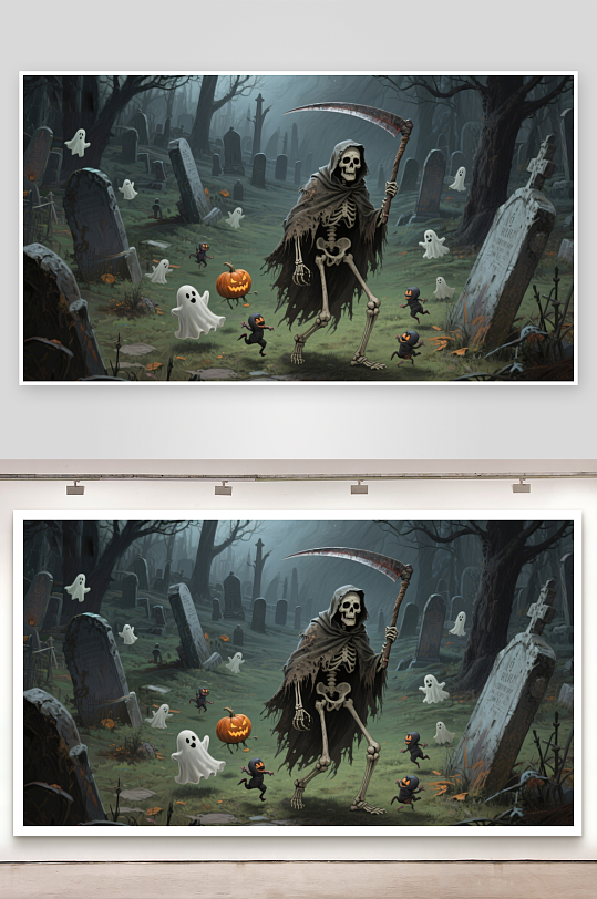 墓地幽灵与骷髅的万圣节夜-众图网
