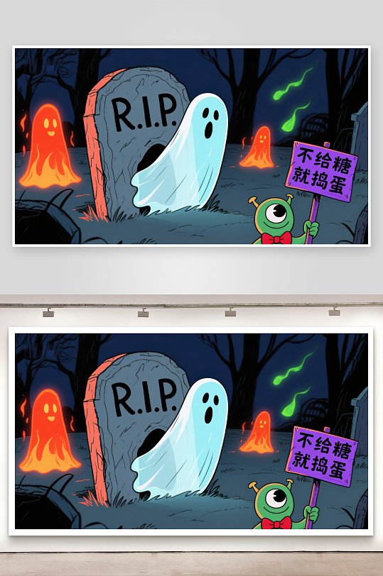 万圣节幽灵与糖果怪在墓地-众图网