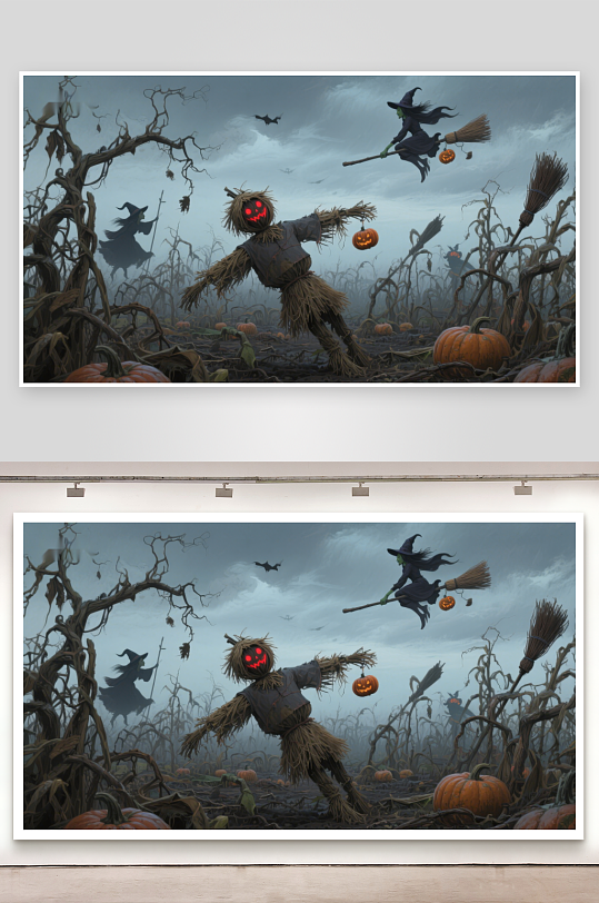 万圣节南瓜地里的稻草人与女巫-众图网