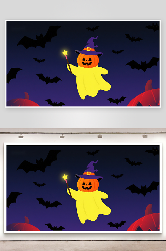 万圣节南瓜幽灵与蝙蝠夜空-众图网