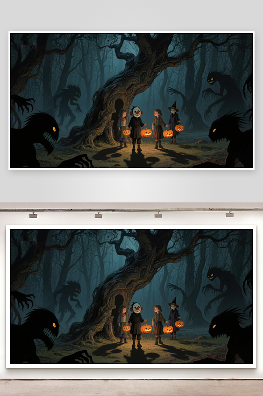 万圣夜森林中的孩子们-众图网