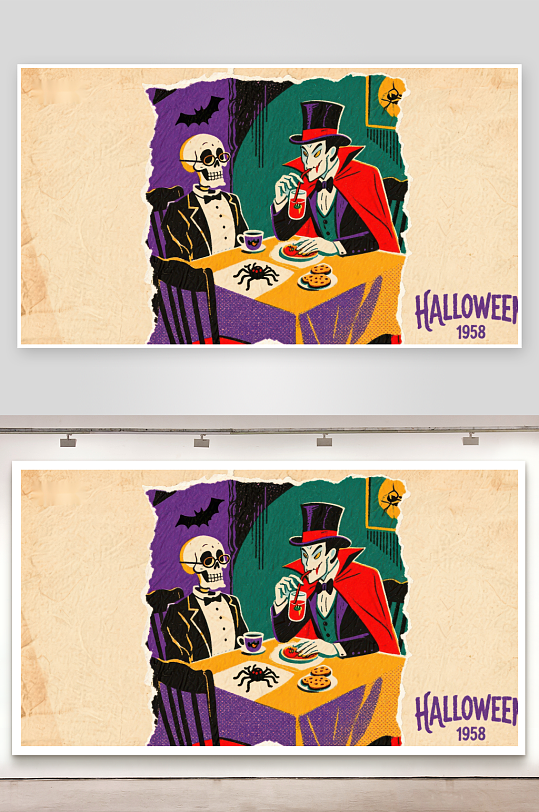 万圣节复古插画骷髅与吸血鬼共进晚餐-众图网