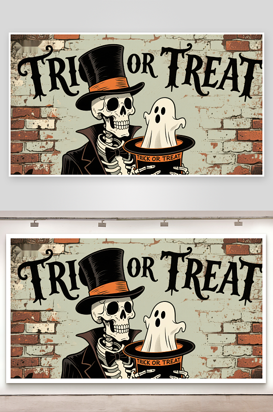 骷髅与幽灵的万圣节主题插画-众图网