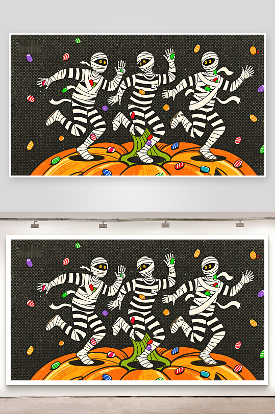 万圣节木乃伊在南瓜上跳舞-众图网