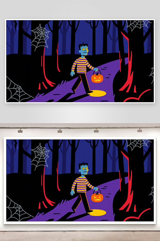 万圣节夜晚小怪物提着南瓜灯漫步森林-众图网