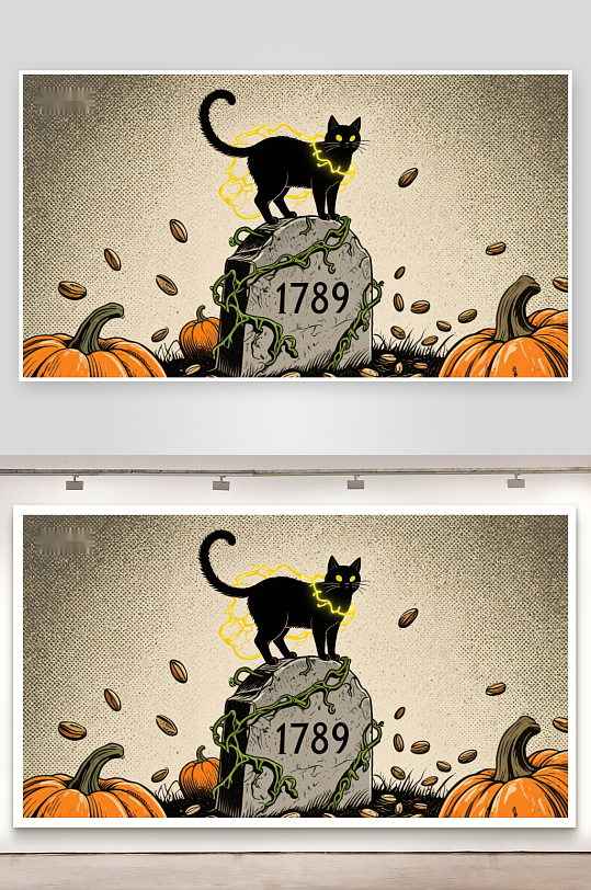 黑猫立于古老墓碑之上南瓜环绕-众图网