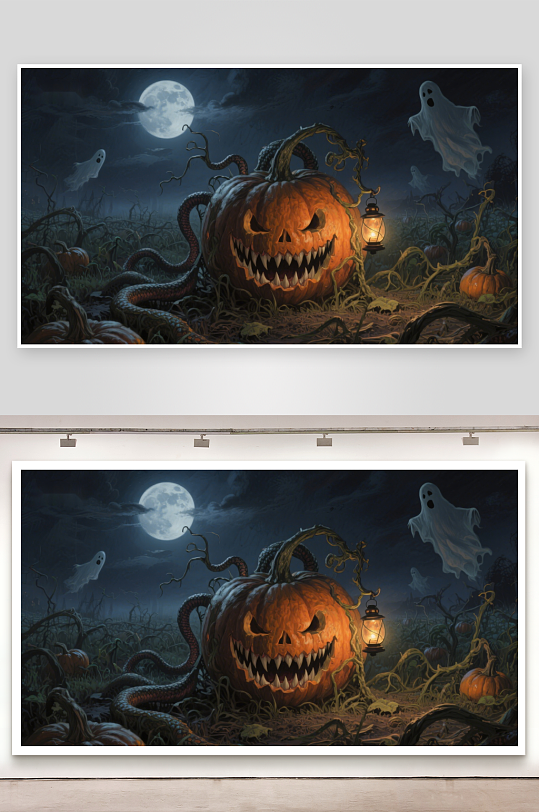 万圣节南瓜灯与幽灵的夜景-众图网
