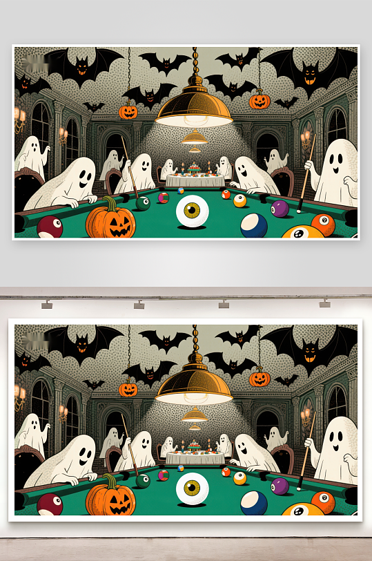 万圣节幽灵聚会台球桌上的狂欢-众图网