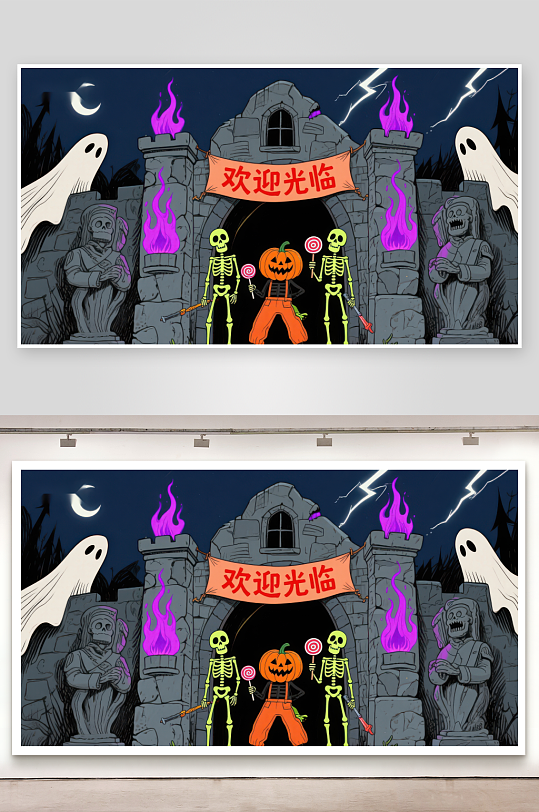 万圣节欢迎场景骷髅与南瓜灯-众图网